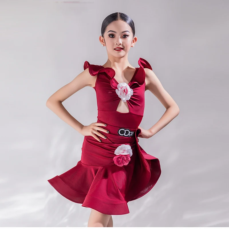 Nieuwe Kinder Latin Dance Kostuum Kinderen Rode V-Hals Wals Performance Set Meisje Ballroom Samba Dans Oefenkleding Xh638