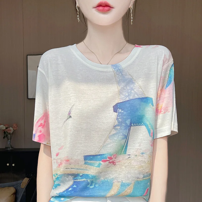 Spring And Summer Lyocell T-shirt Women's Round Neck Worsted Wool Ink Painting Loose Thin Short-Sleeved Bottoming Shirt