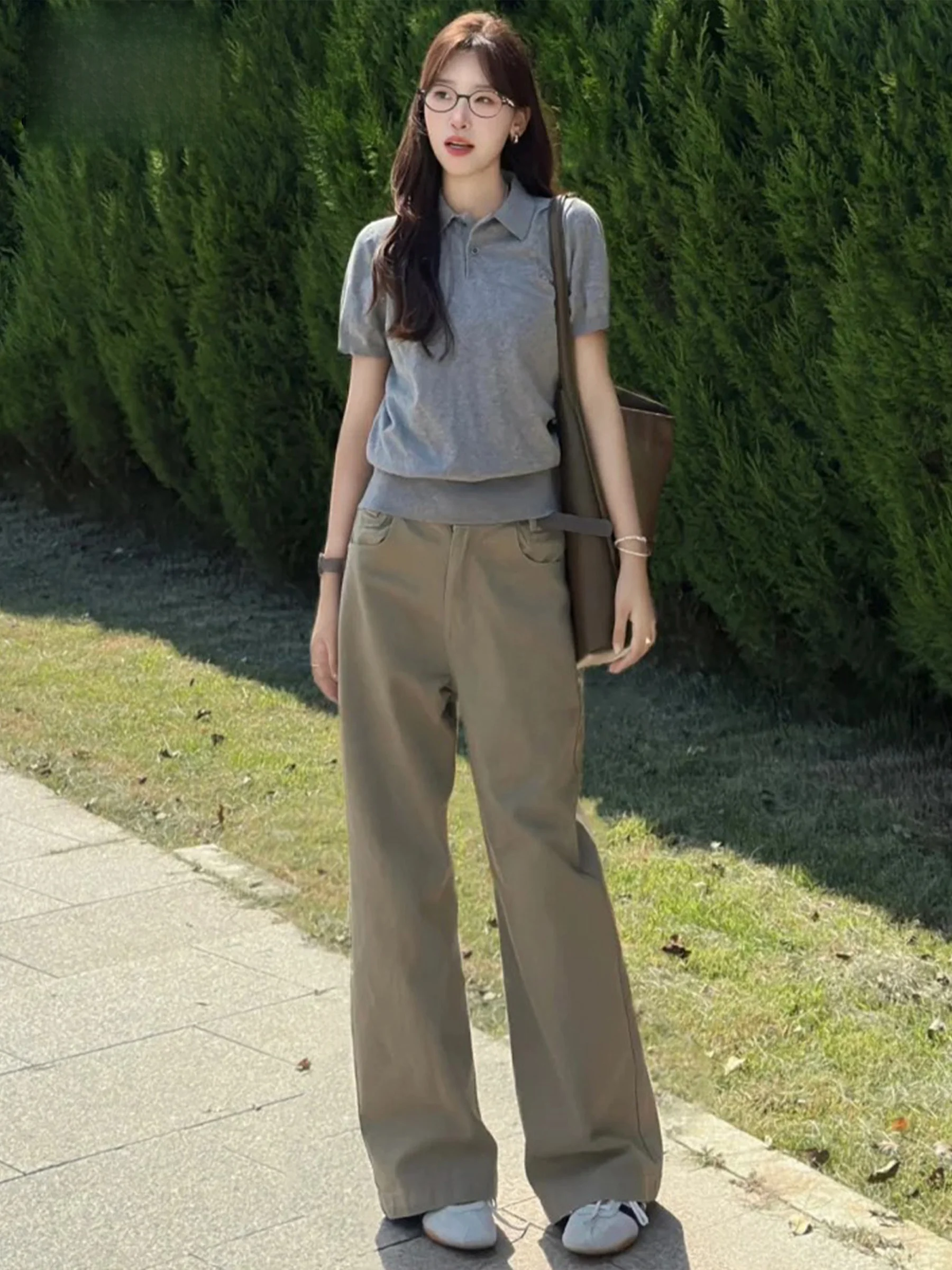 

Khaki High Waist Wide Leg Jeans Women Loose Lazy Draped Floor-Length Straight Cut Denim Pants Autumn Wear for Young Ladies