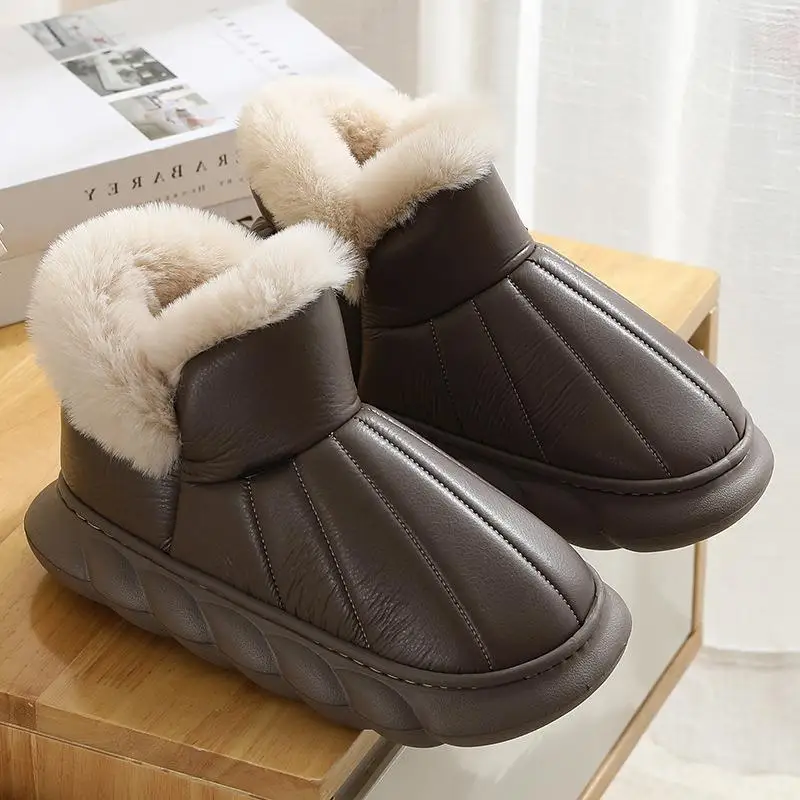 Thick Heeled Women Ankle Boots Waterproof PU Leather Cotton Shoes for Couples New Winter Anti Slip Warm Plush Furry Snow Boot