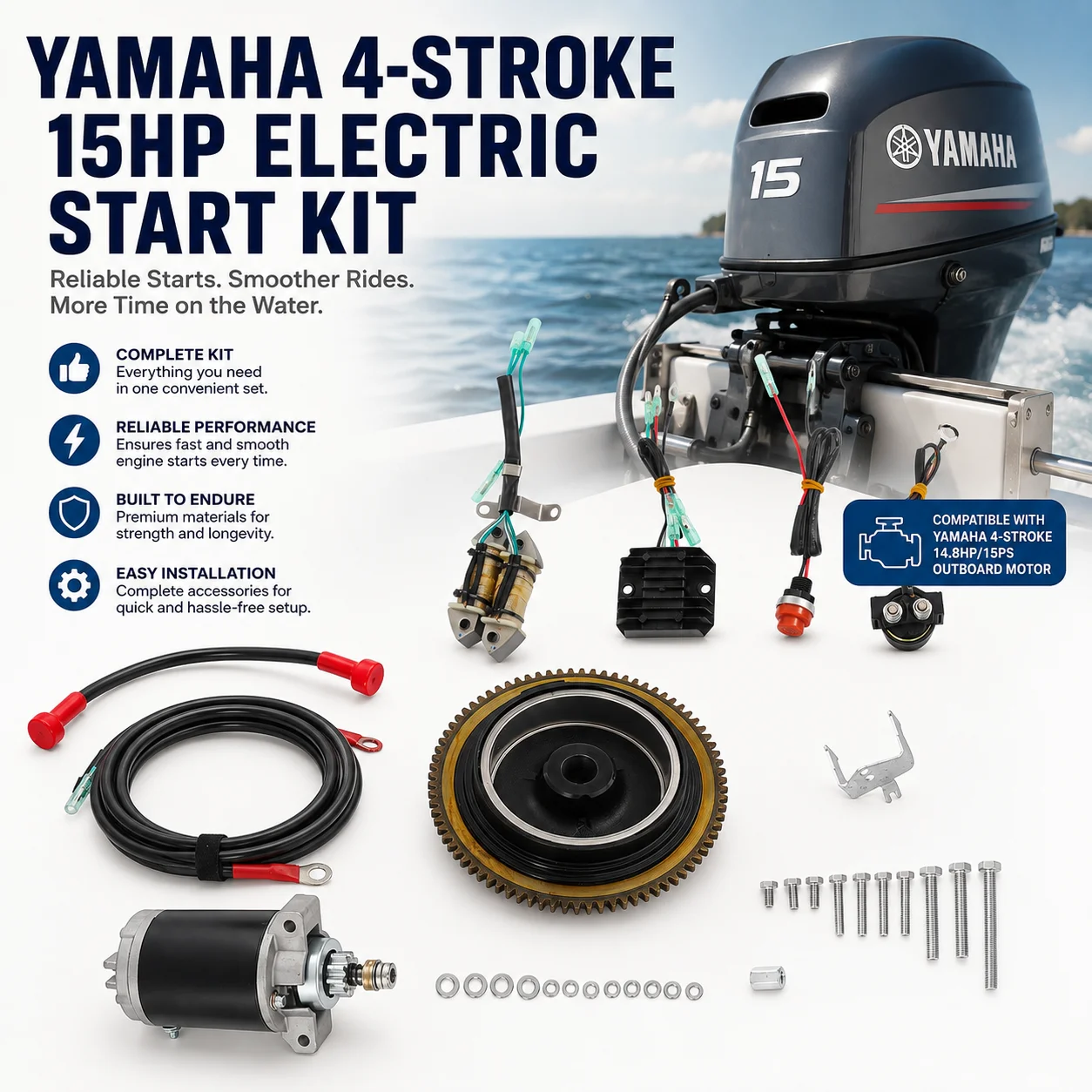 4-Stroke 15HP Outboard Electric Start Kit Outboard Engine Starter Motor Conversion Kit Complete Set with Flywheel Coil Relay Rectifier Switch Cable Heavy Duty Easy Install Marine Boat Engine Upgrade Replacement for 15PS Outboard Motor