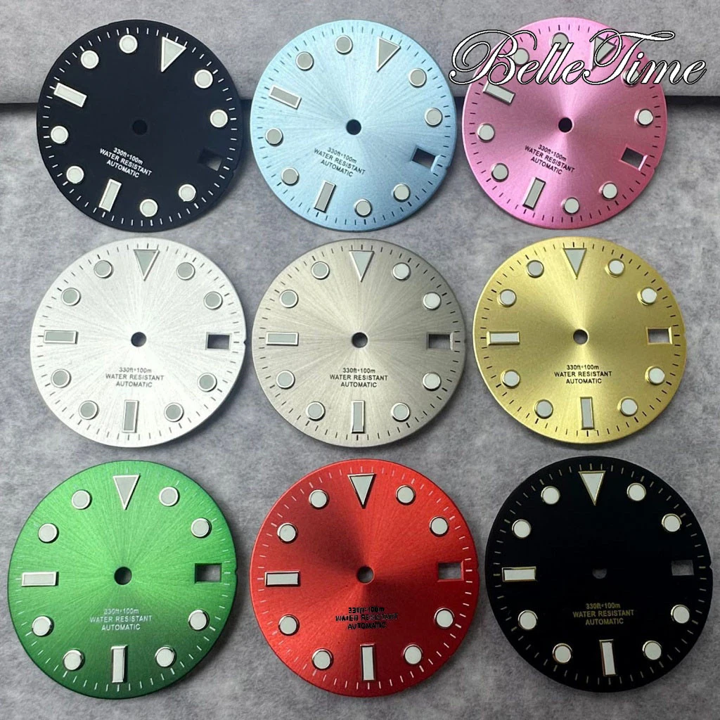28.5mm Dial Watch Silver Gold Red Green Black Blue Grey Date Window Luminous  Dial Fit NH35 /NH36/4R/7S Automatic Movement