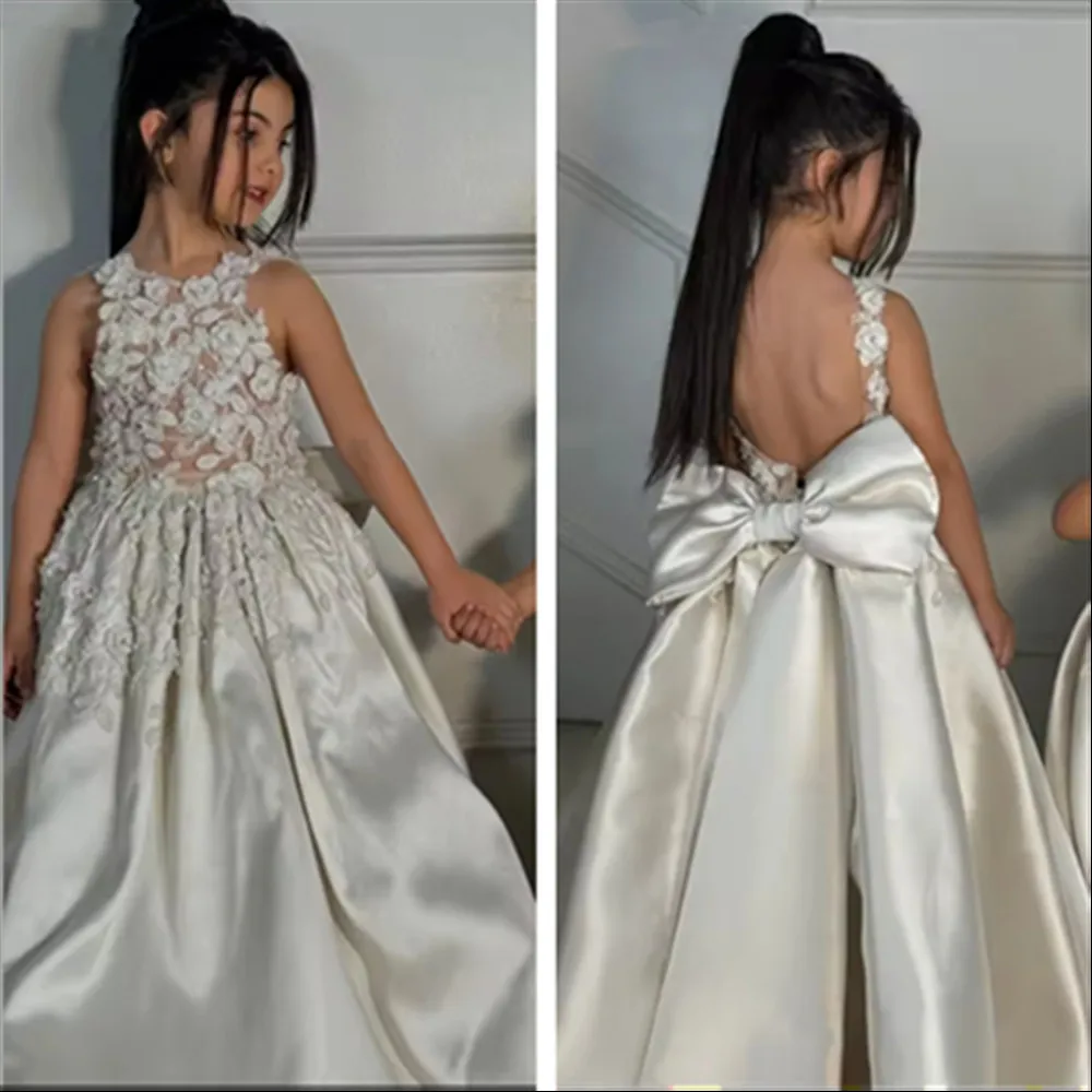 

Elegant Flower Girl Wedding Dress Satin Appliques Bead Bow Sleeveless Princess Birthday Party Dress First Communion Customized
