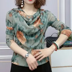 Commute Fashion Pile Collar Blouse Spliced 2024 Spring Autumn Casual Vintage Floral Printed Female Clothing Long Sleeve Shirt