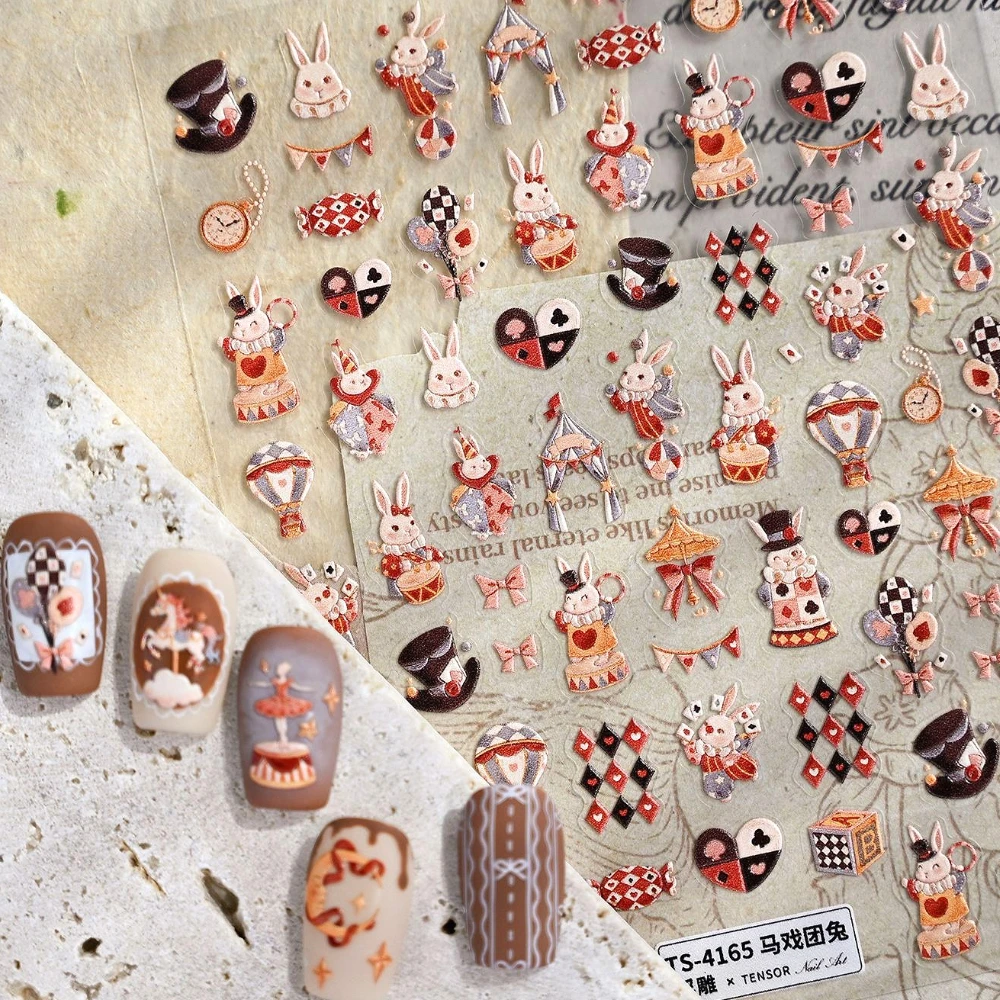 

Circus Clown Rabbit Top Hat Candy Bowknot Balloon Tent Poker Pocket Watch 3D Self Adhesive Nail Art Sticker Cute Manicure Decals