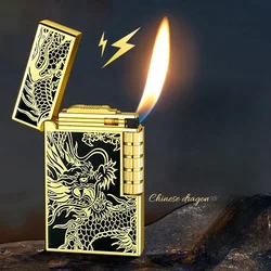 2024 Metal Steel Sound Chinese Dragon Oblique Fire Inflatable Lighter Side Pulley Igniting Butane Gas Pipe Lighters Smoking Gift