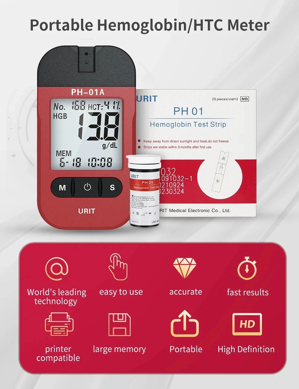 Urit Portable Medical Haemoglobin Analyser with 50 pieces of Haemoglobin Test Strips Haemoglobin Tester for Home Use