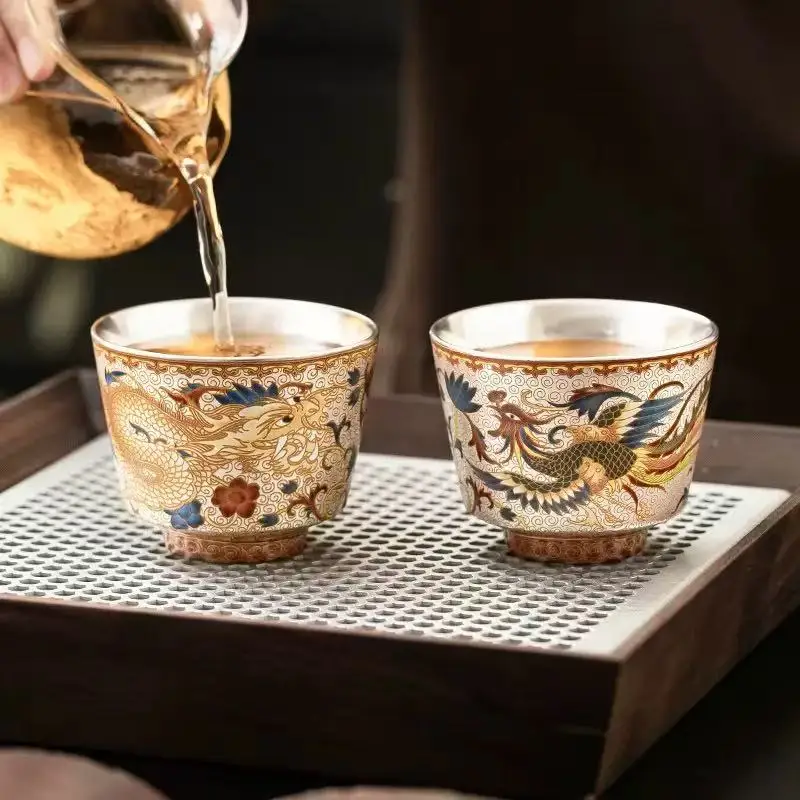 

100ML Xianglong Phoenix Couple Pair Cup Hand-painted 999 Silver Teacup Master Cup Light Luxury TeaSet Accompaniment Tea Ceremony