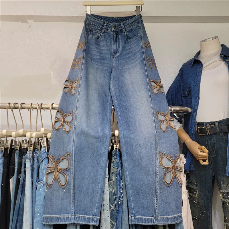2025 summer new heavy industry hot diamond hollow butterfly jeans women's high waist versatile temperament mopping pants