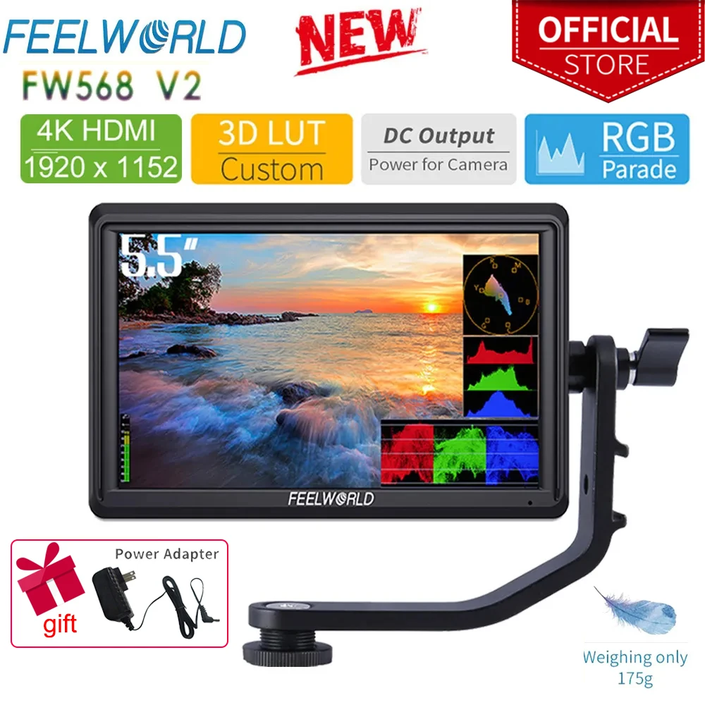 

FEELWORLD FW568 V2 5.5 Inch 3D LUT DSLR Camera Field Monitor IPS Full HD1920x1152 Support HDMI Output With Tilt Arm Touch Screen