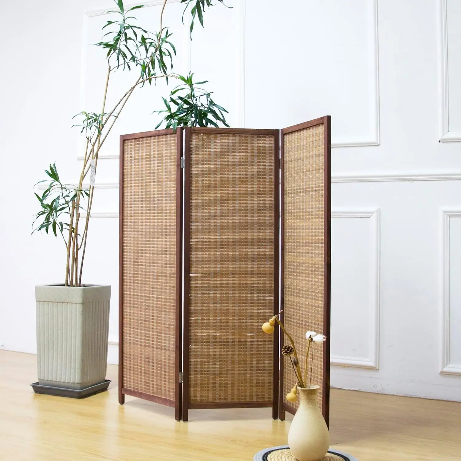 

3 Panel Short Room Divider Screen,Brown Freestanding Partition,Small Bamboo Panel Divider for Room Seperation,3.95 FT Ta