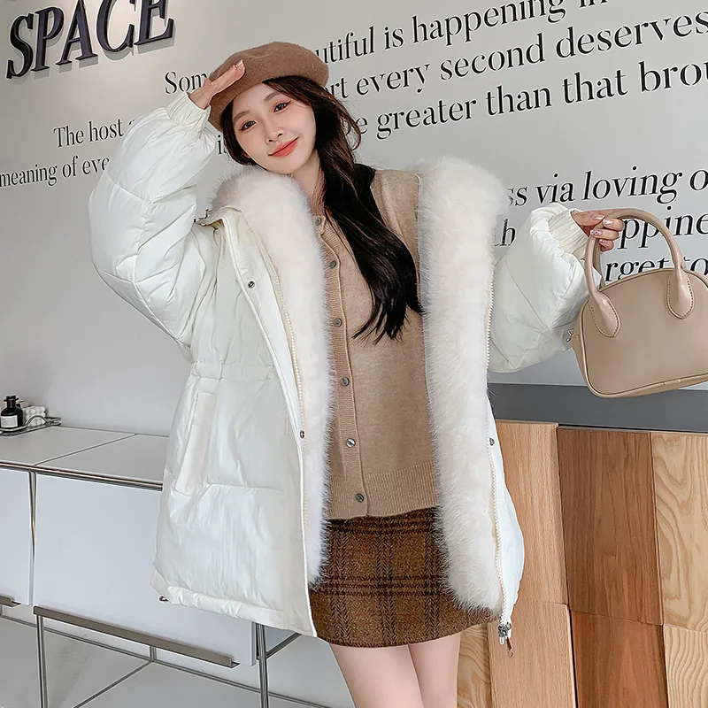 Fashion Big Fur Collar Cotton Coat Women\'s 2024 New Winter Jacket Thicken Warm Down Cotton Parkas Hooded Overcoat Faux Fur Parka