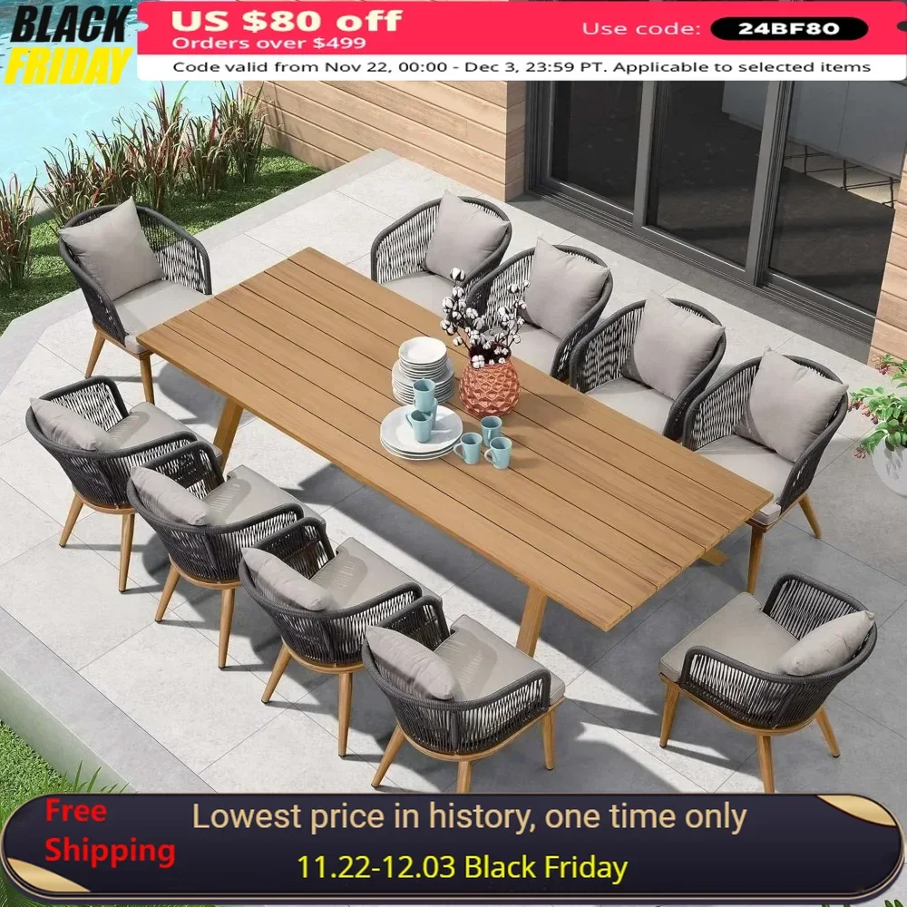 11 Pieces Patio Dining Set, for Garden Deck Teak-Finish Aluminum Frame Backyard Kitchen Set, Wicker Outdoor Furniture Sets