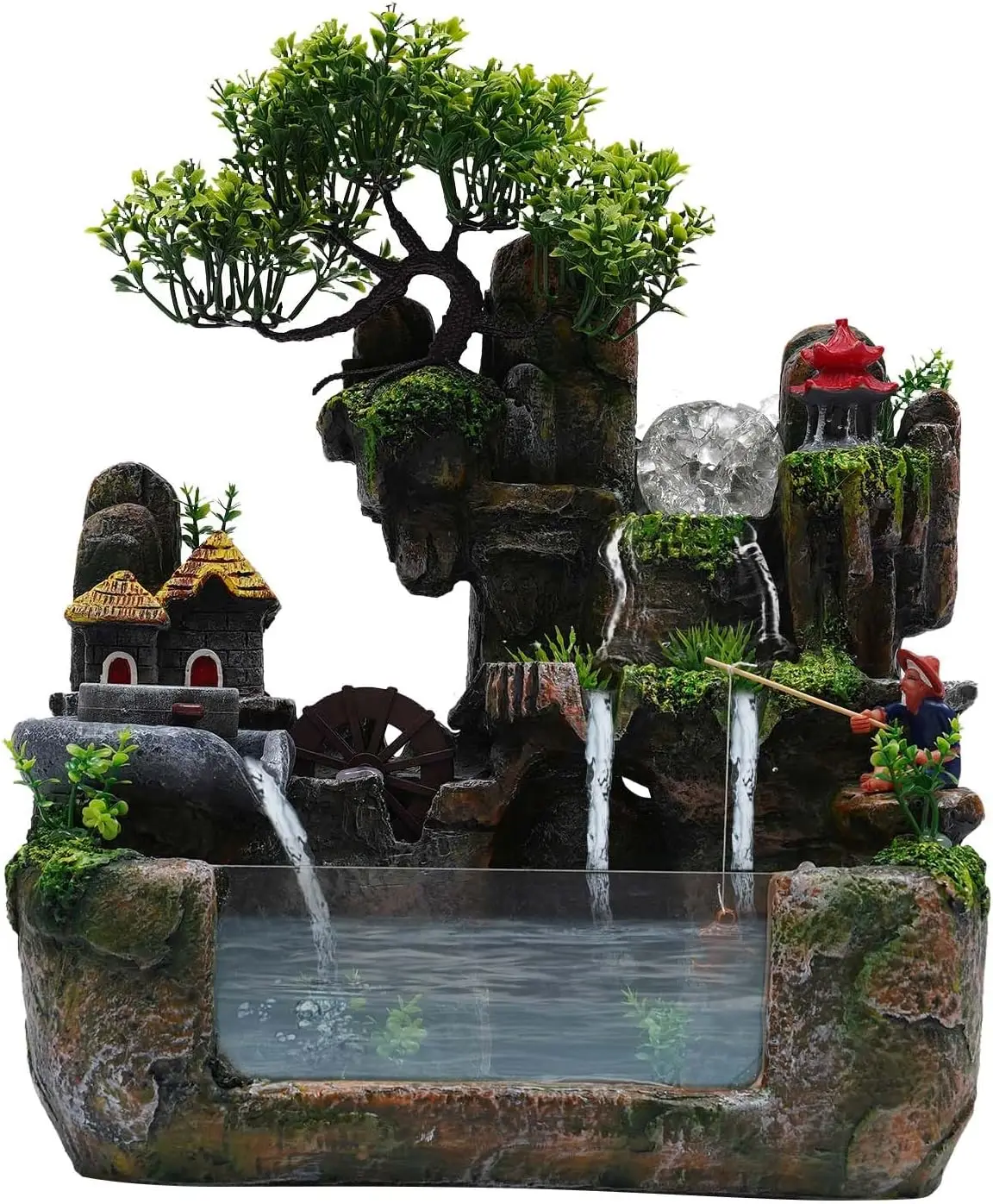 Small Decorative Tabletop Fountain, Indoor Waterfall Rockery Fountain with Atomizer & LED Light for Living Room, Bedroom, Office, Meditation