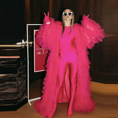 Hot Pink Fuchsia Ruffles Tiered Tulle Jacket Extra Puffy Tutu Blouse Long Sleeve Ruffled Lush Mesh Only Sell Women Coats