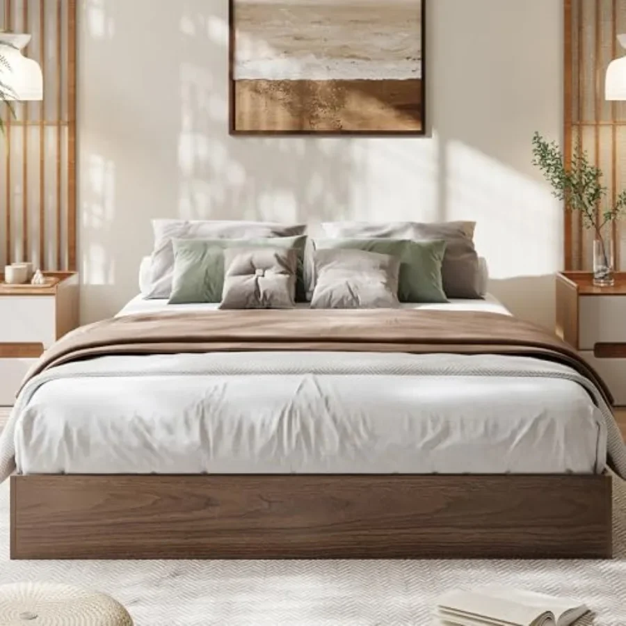 Wood Platform Bed Frame for Modern Bedrooms, Solid Wood Construction, Natural Wood Tone, No Headboard Design with Under-Bed Sto