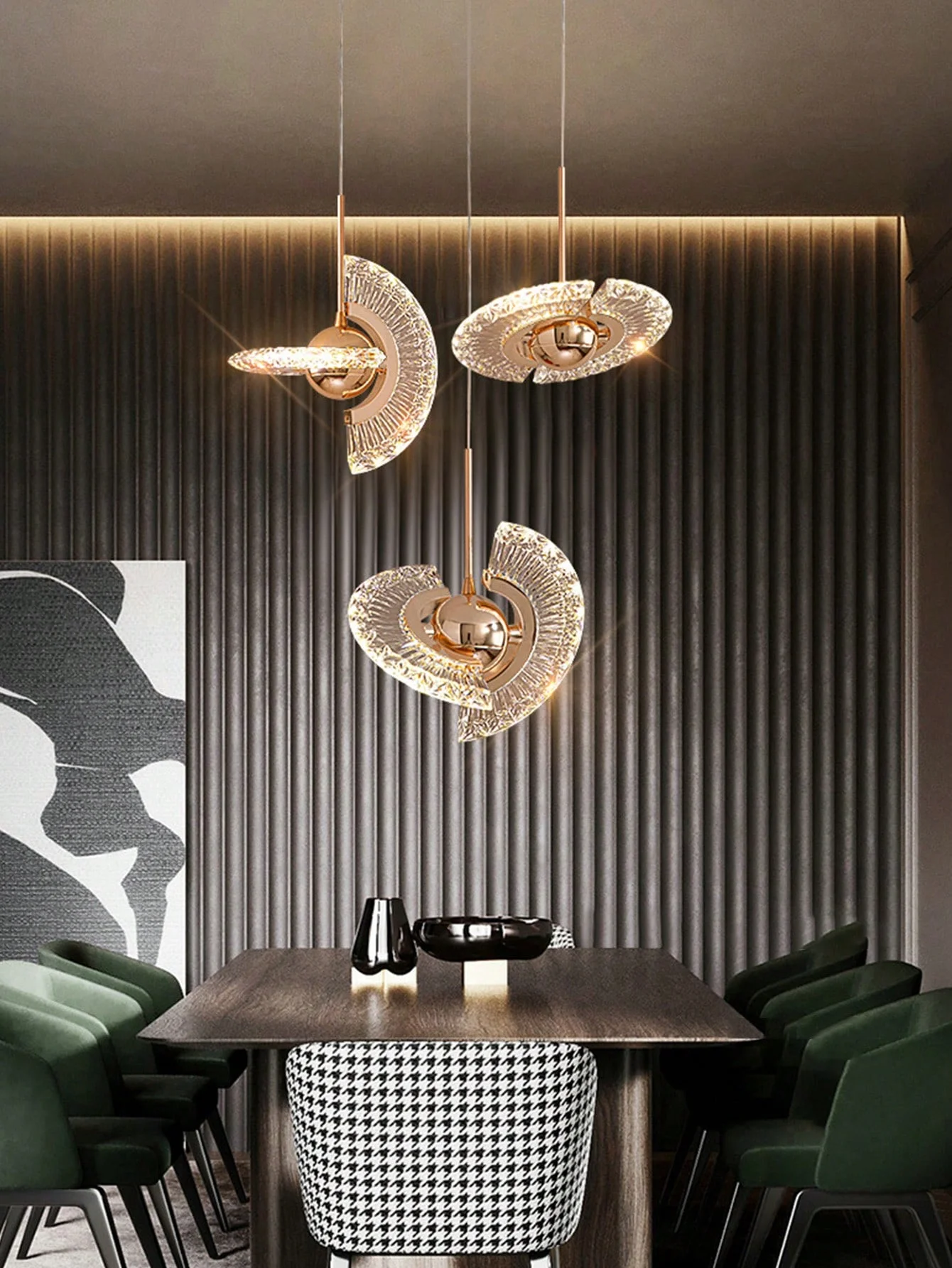 Modern FanShaped Crystal Pendant Light Rose Gold Metal Single Head Hanging Lamp for Bedroom Bedside Dining Bar Decor