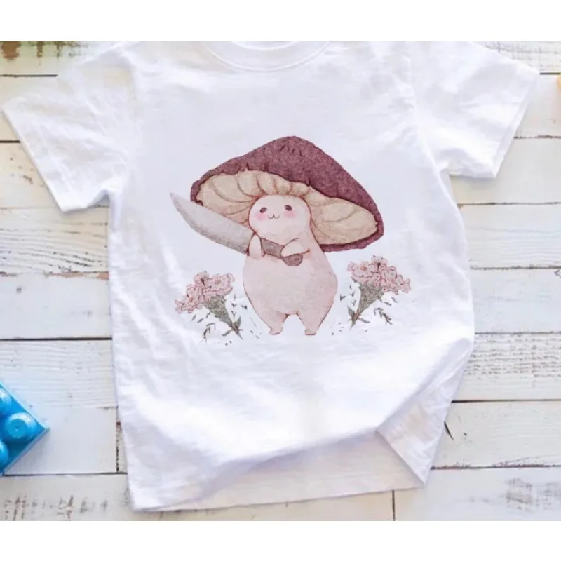 Summer Cute  Cartoon Mushroom Style Print Girls Clothes Casual Versatile Children's Fine Tops