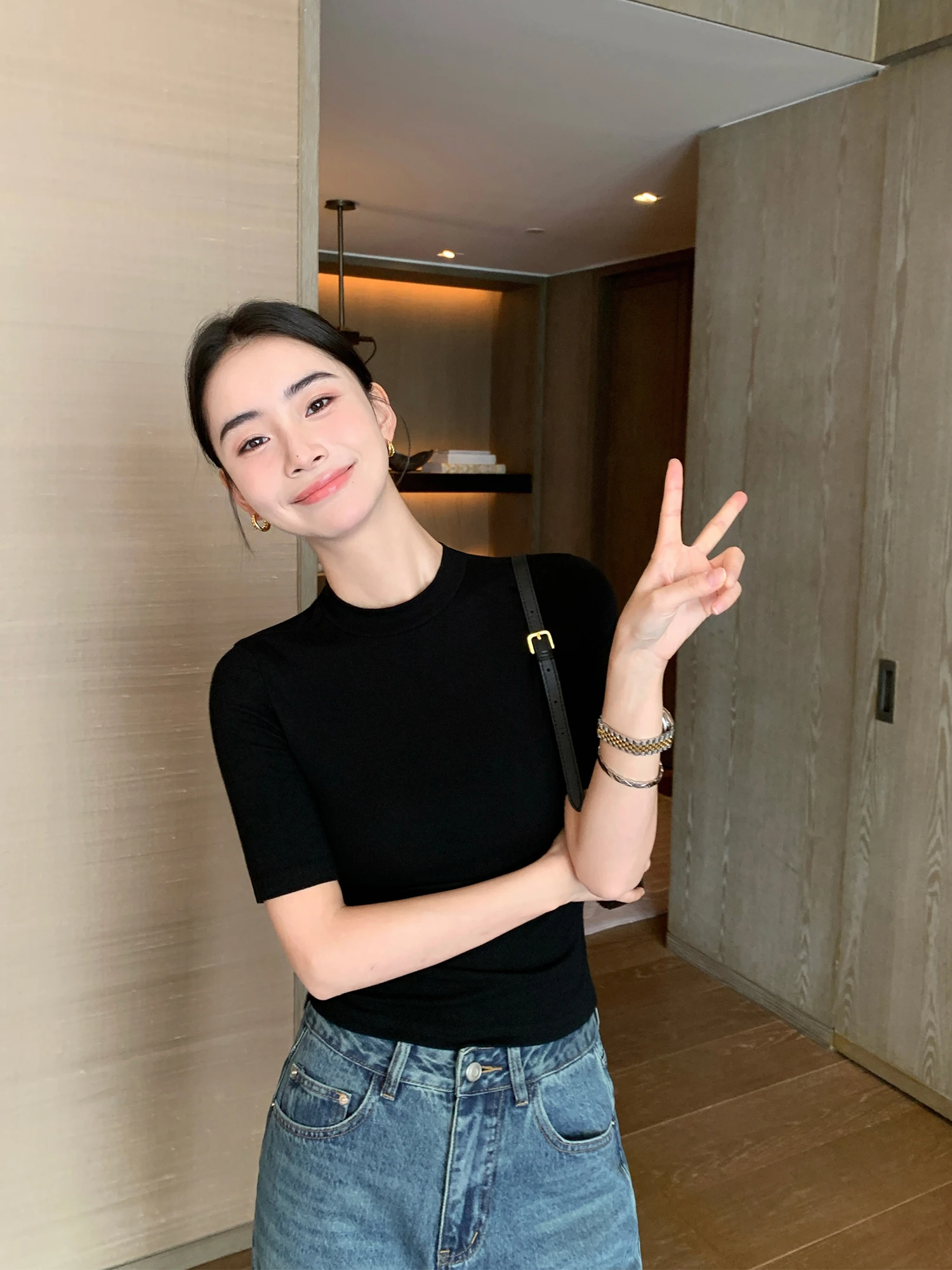 

Женский облегающий трикотажный топ с высоким воротником, повседневный, модный, весна-лето, стандартной длины