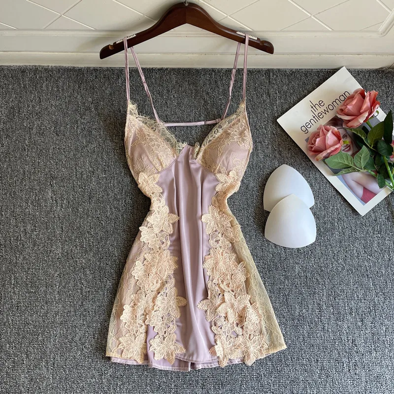 Sexy Lace Hollow Out Nightdress Sleepwear Summer Women Suspender Nightgown Robe Casual Silky Satin Home Dress Lounge Wear