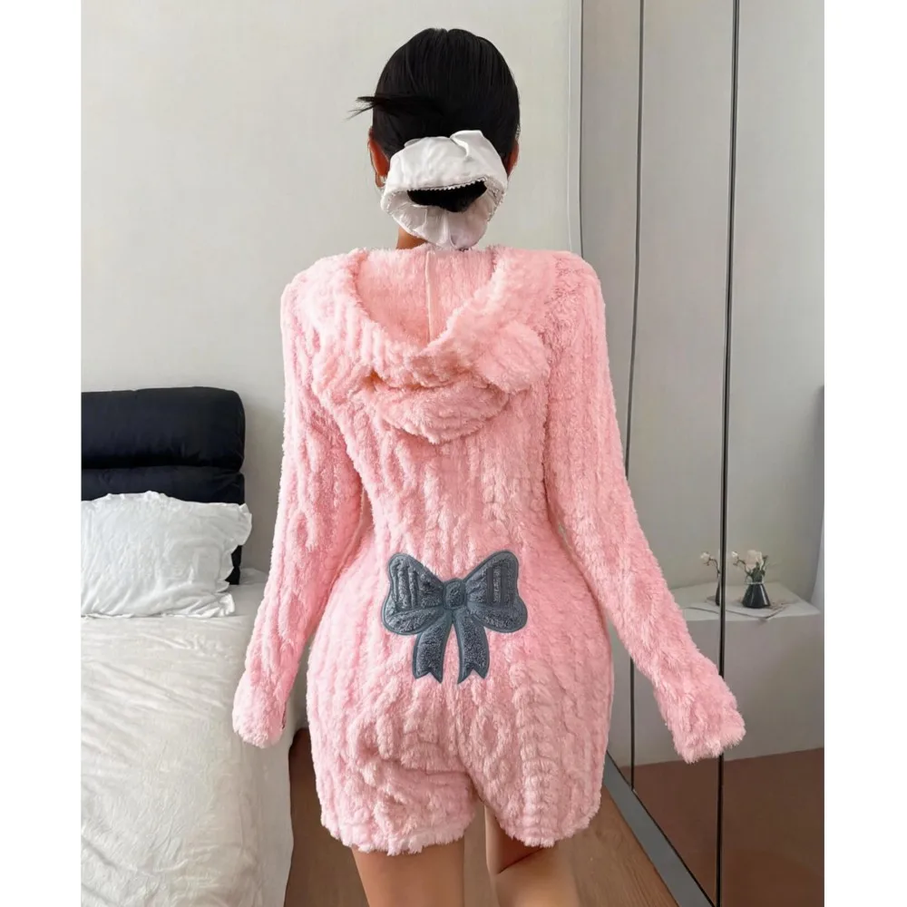 Damen-Overall mit flauschigem Kapuzenoberteil, Pyjama, Zopfmuster, Plüsch, langärmelig, Shorts, Onesie, mit großer Schleife am Rücken, warme Loungewear, Homewear, Nachtwäsche
