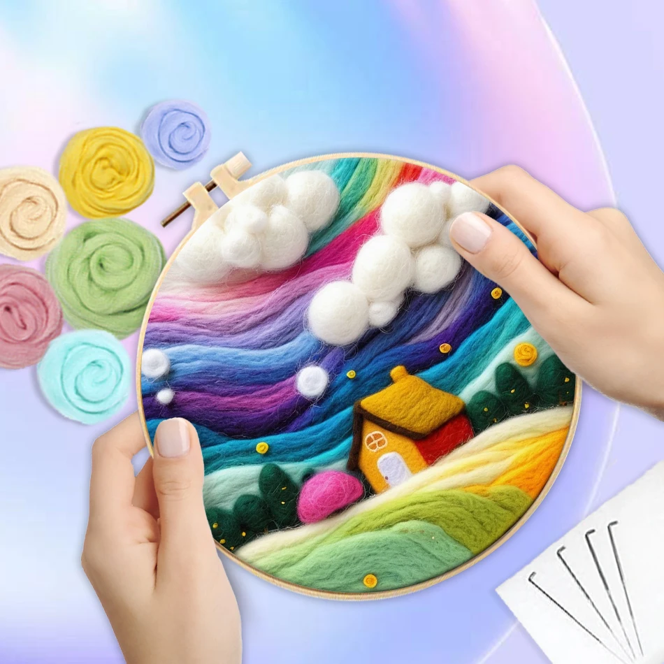 CHENISTORY 20x20cm Frame With Wool Felting Painting Kit Landscape Funny Diy Felt Crafts Package Felt Needle For Home Decoration