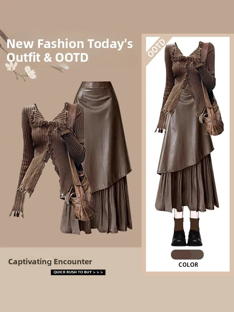 

Женский вязаный свитер с V-образным вырезом и асимметричной юбкой: модный комплект из двух предметов, осенняя новинка, универсальный, с длинными рукавами