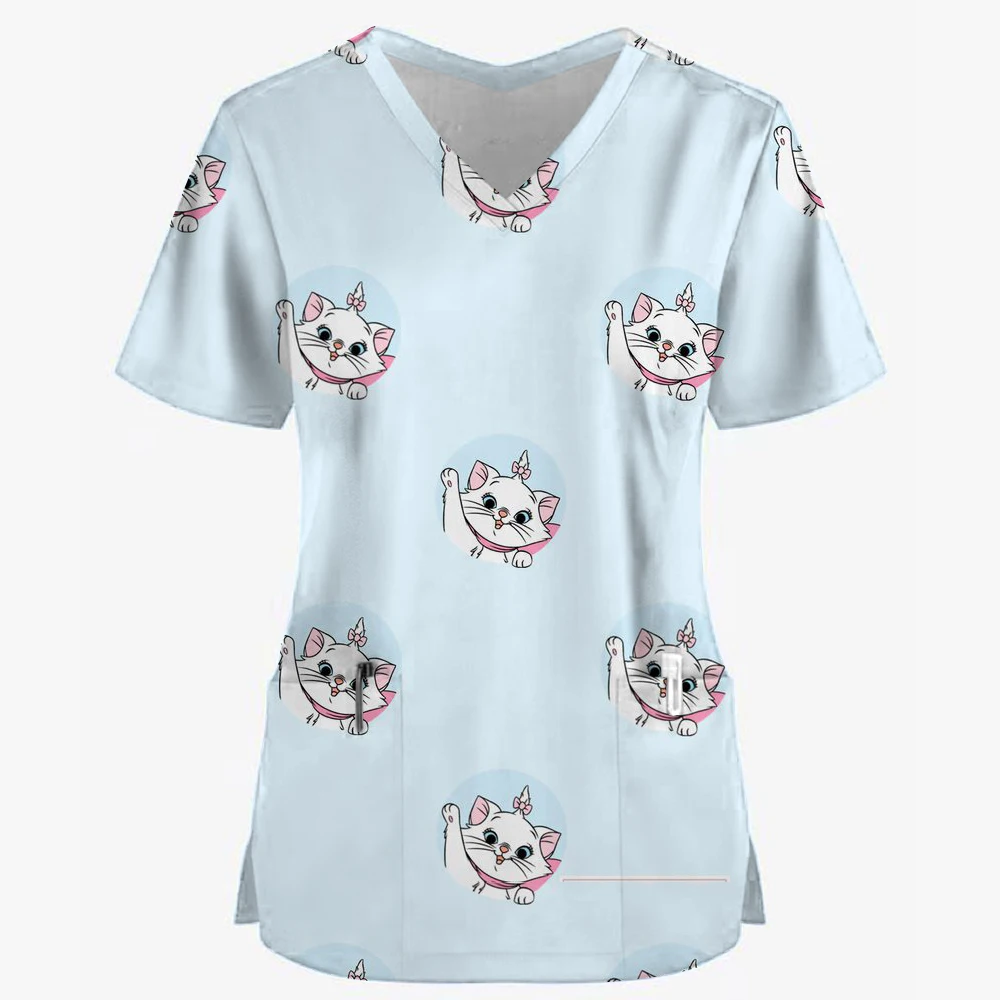 High Quality Disney Marie Cat Print Women's Matte Top V-neck Cartoon Uniform Thin Nurse Women Short Sleeves Healthy Tone