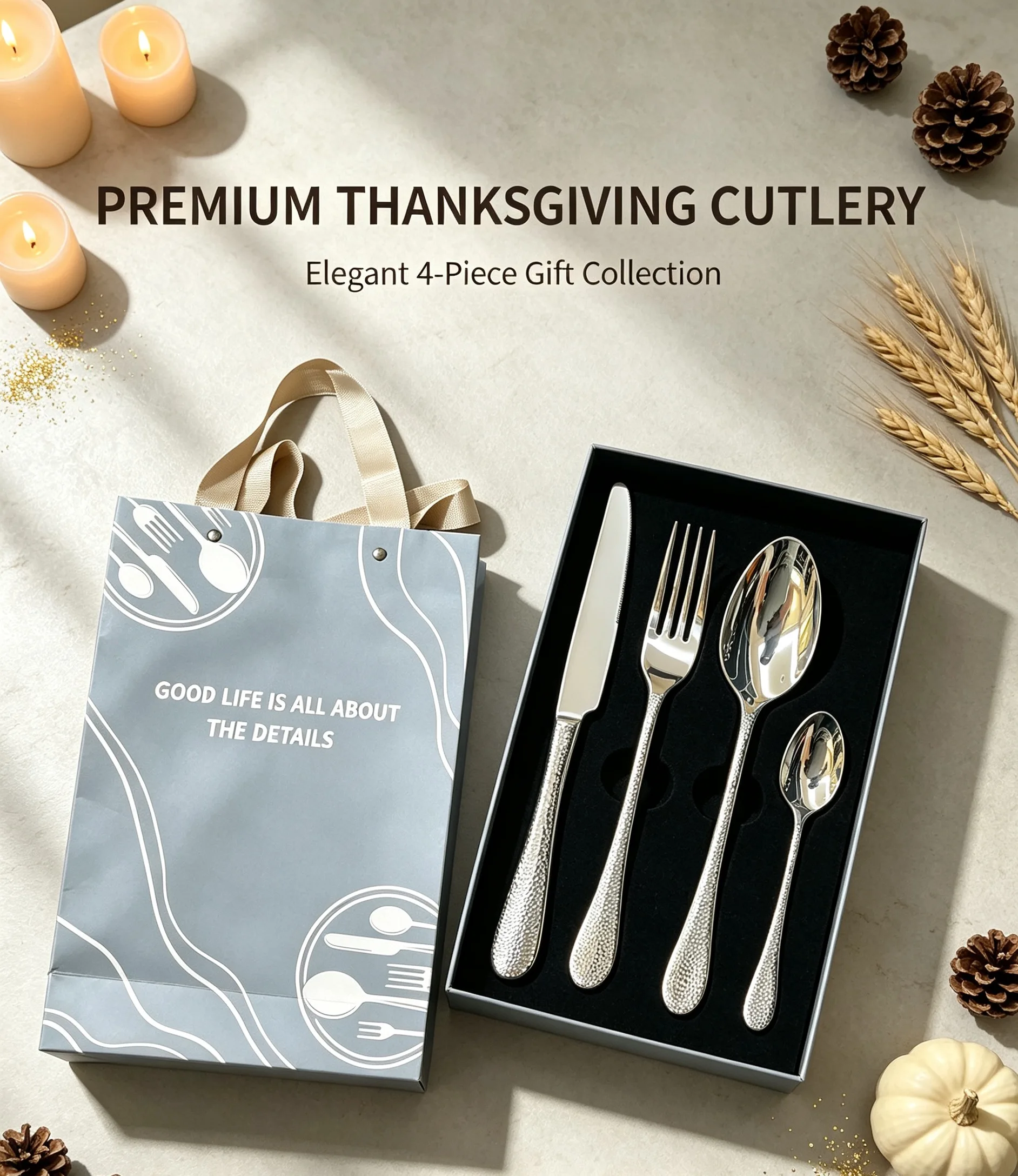 Elegant 4‑Piece Hammer Smooth Handle Cutlery Gift Set, 420/304 Stainless Steel Home Dinner Tableware