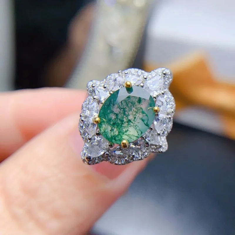 Natural Moss Agate Rings Solid 925 Silver Indian Agate Gemstone for Women Wedding Engagment Party Trendy Jewelry Gift