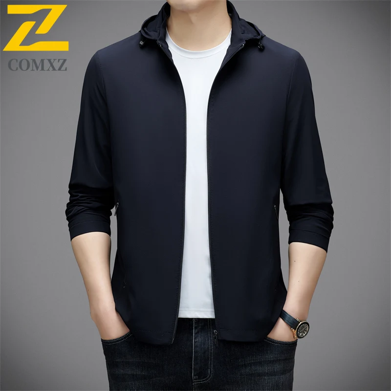 Hooded Jacket Men New Trendy Detachable Hood Work Coat Classics Business Casual Comfort Lightweight Spring Autumn Outerwear