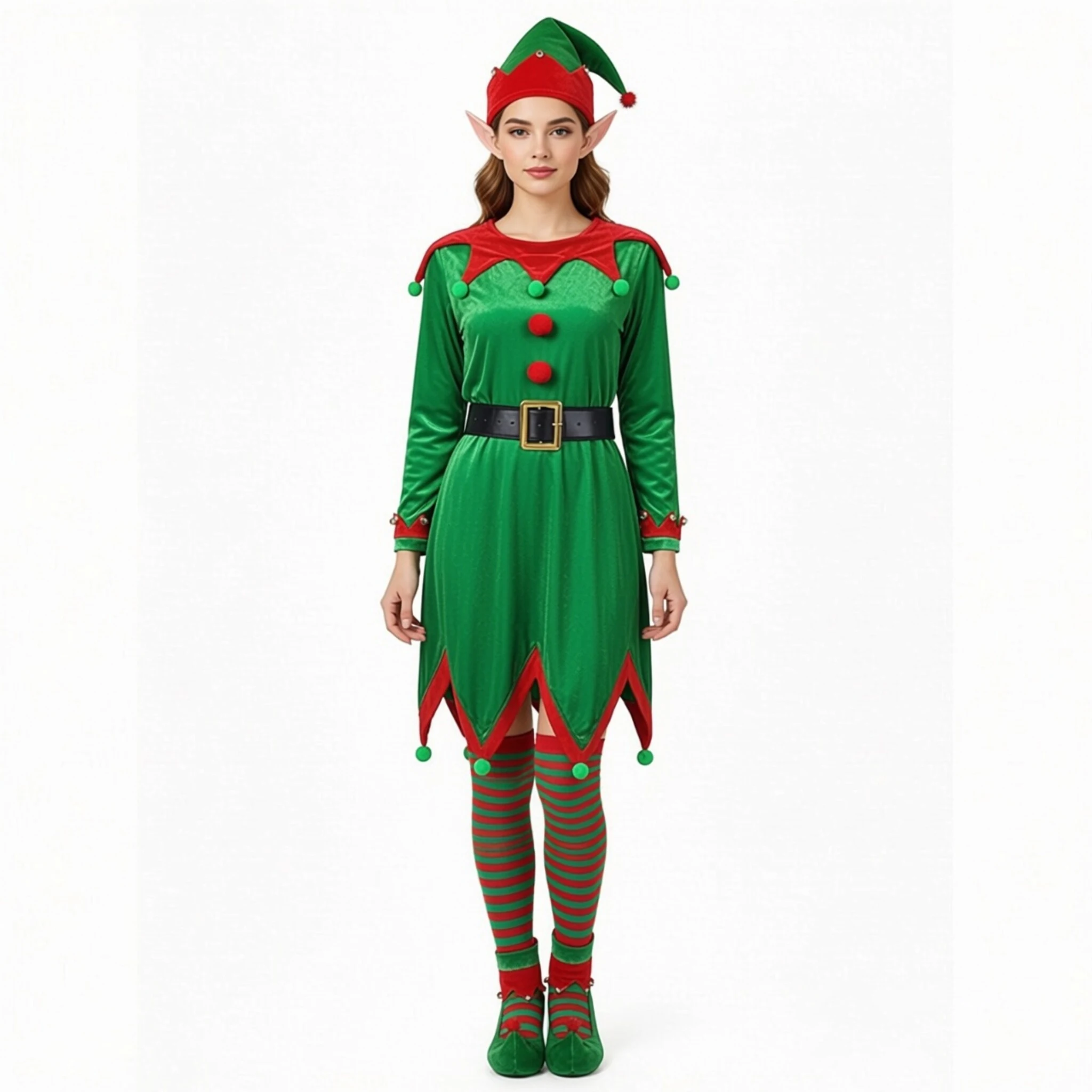 Disfraz de Elfa para Mujer Adulta, Vestido de Navidad de Terciopelo Verde con Accesorios Completos, Traje Festivo para Fiesta de Navidad