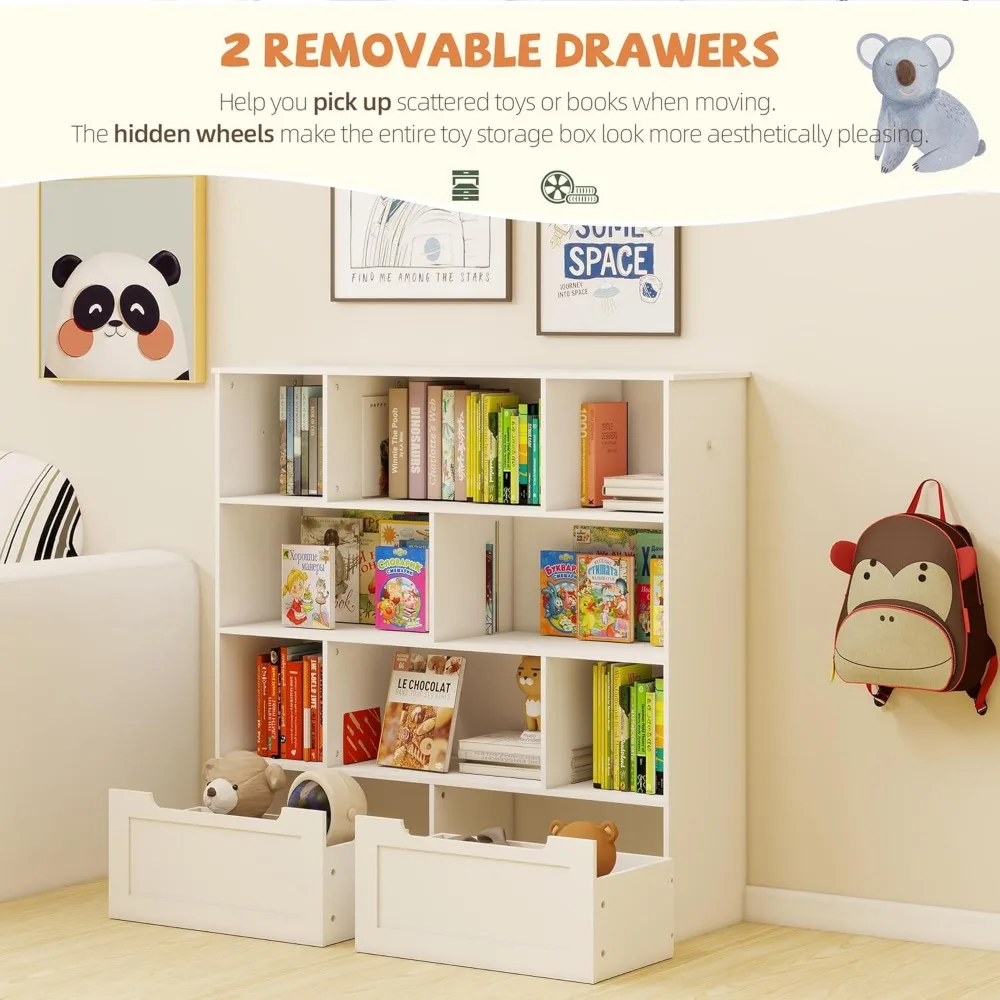 منظم تخزين ألعاب الأطفال مع درجين، ورف كتب للأطفال وخزانة تخزين، مثالي لتنظيم الألعاب والكتب