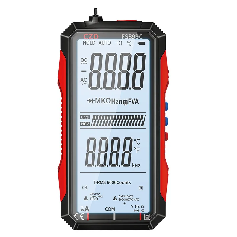 

FS899C Digital Smart Multimeter With Large LCD Backlit Screen AC/DC Ammeter Voltmeter Temp Ohm Hz Capacitance Diode NCV Meter