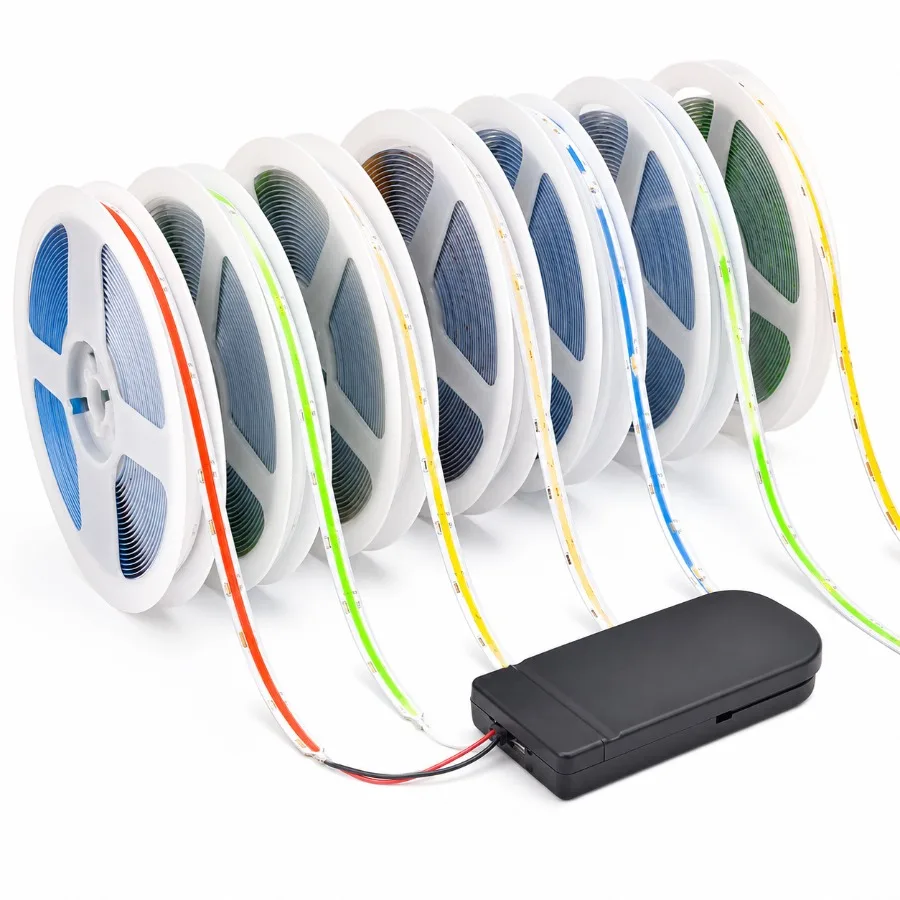 0.5-3mButton Battery Box COB LED Light Strip DC5V 8mm PCB 320LEDs/m CR2032  Flexible Tape Home Decoration DIY Lighting Design