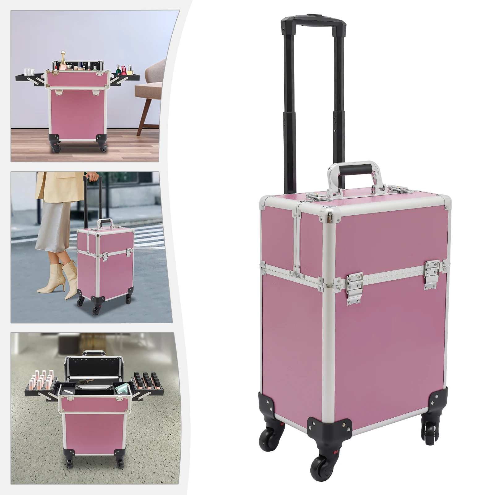 Portable Traveling Makeup Trolley Case,with Wheels Rolling Makeup Case Organizers for Travel Makeup Train Case Cosmetic Case