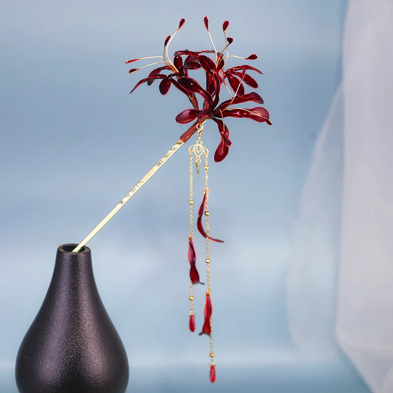 

Red Spider Lily Flower Hair Sticks Chinese Style Dripping Oil Long Tassel Chopsticks Women's Side Bangs Clip Hair Accessory