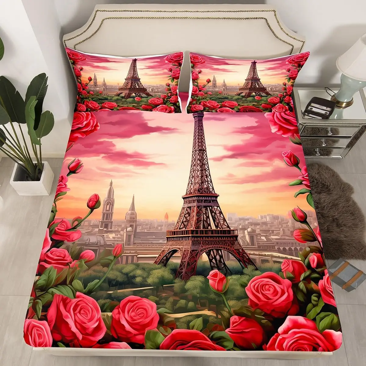 Eiffel Tower Fitted Sheet Twin Queen, Paris City Building Fashion Bedding Set,Roses Flowers Valentine's Romantic Bed Sheet Set