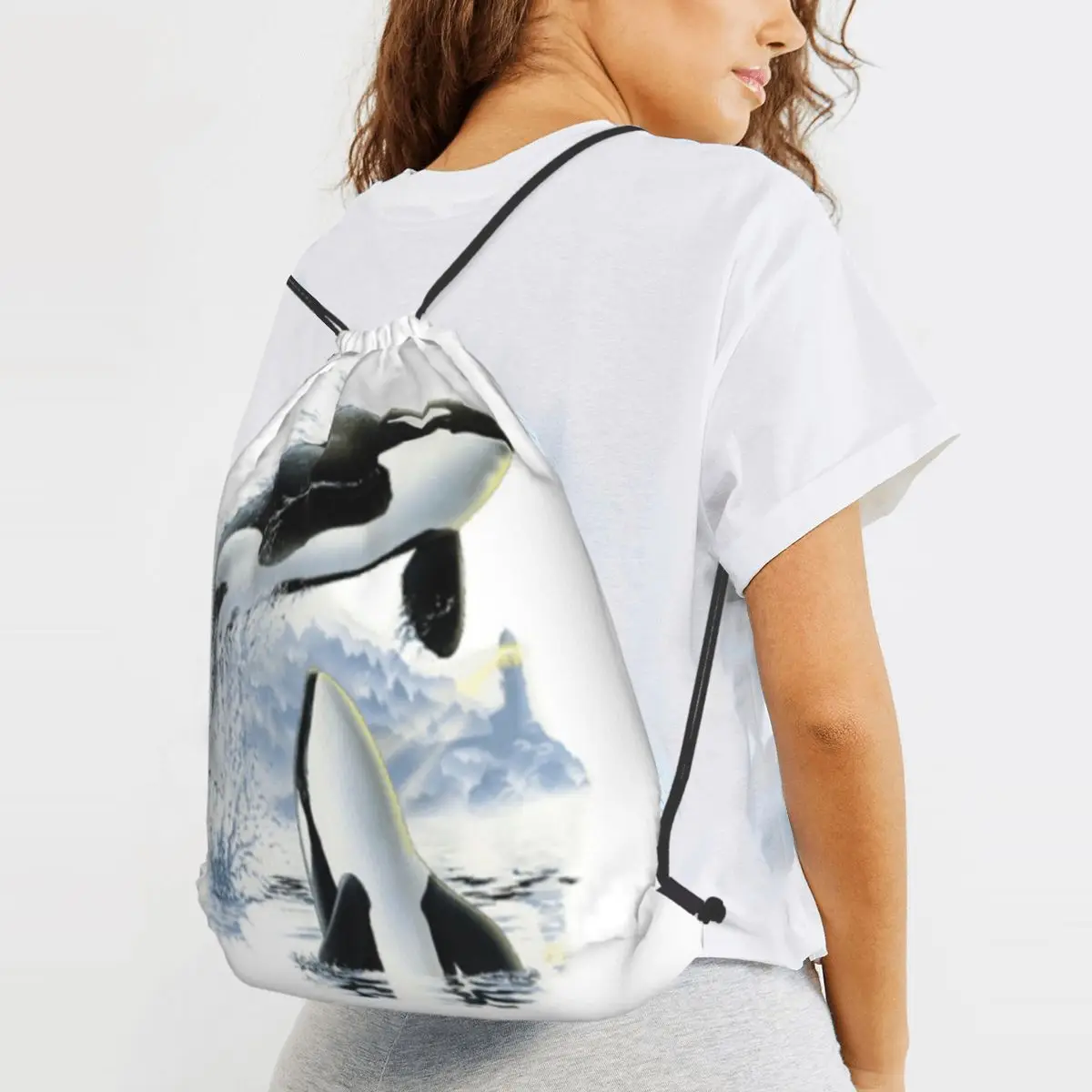 

Orca Killer Whale Flies Or Jumps Oves The Ocean Backpacks Multi-function Drawstring Bags Sports Bag Book Bags for Travel School
