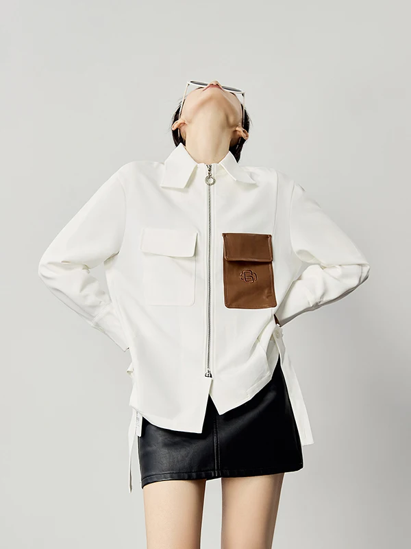 

Асимметричный цвет Blo Long Sve irt Jaet, женский Sle, ранняя осень, одинарный дизайн Sense, белый контрастный ket