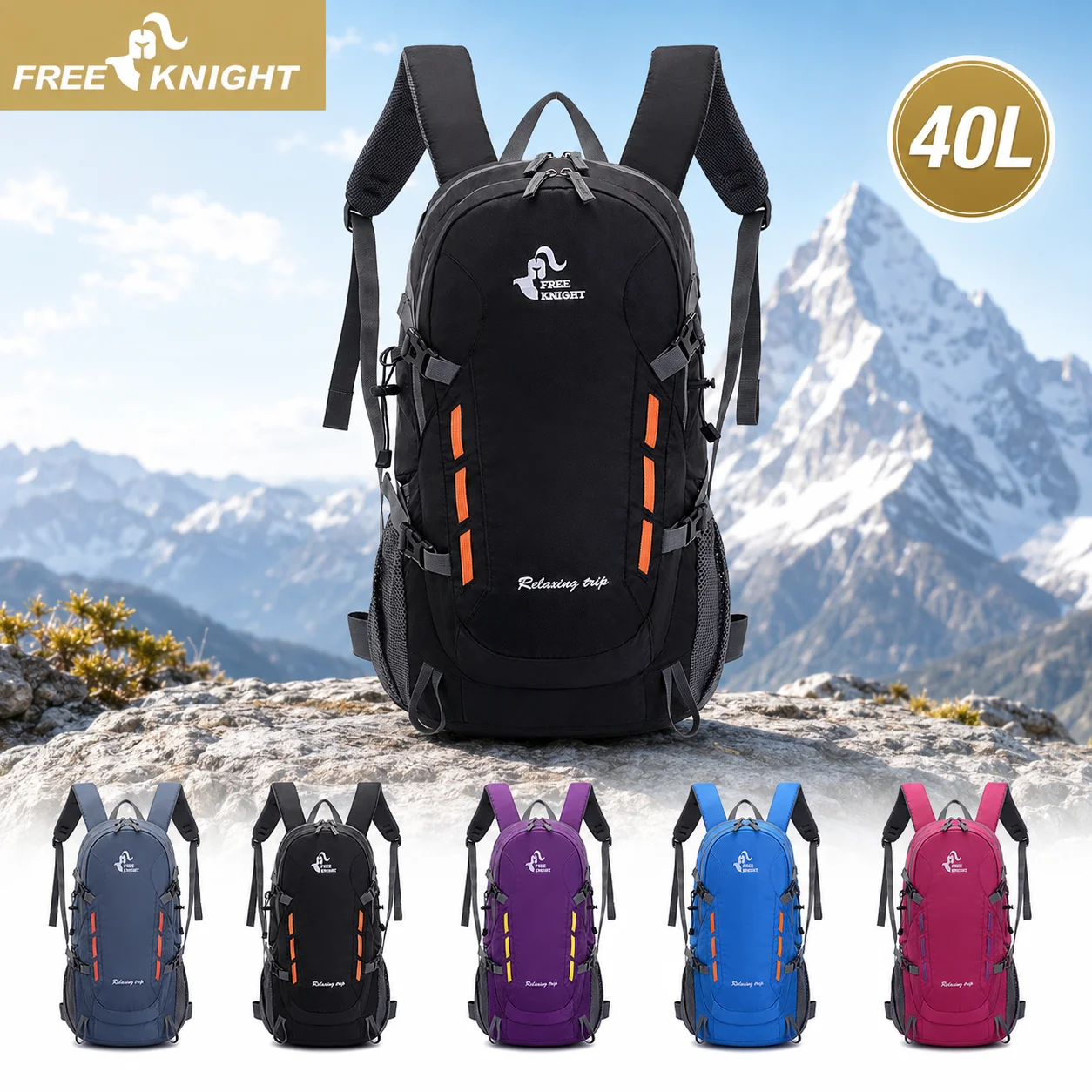 40L Hiking Backpack Water Resistant Polyester Multi Pocket Outdoor Rucksack for Camping Trekking Cycling Travel Men Women