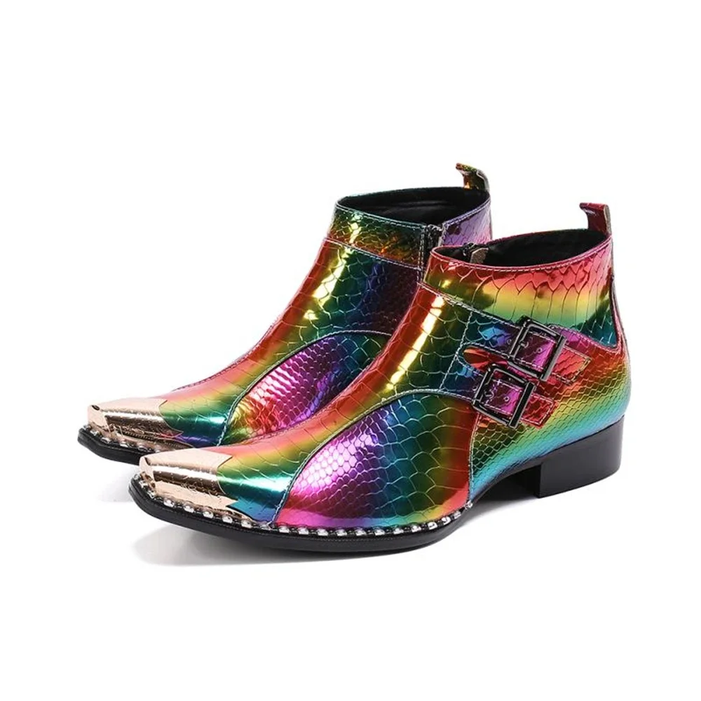 Rainbow Colorful Men Genuine Leather High Heels Pointed Toe Boots Male Plus Size Double Buckle Strap With Metal Wedding Shoes