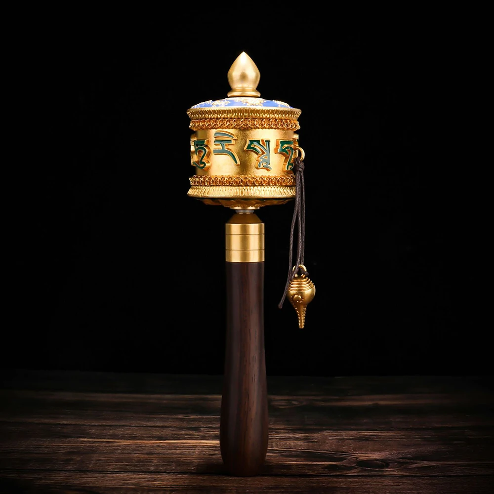 Copper Green Tara Hand cranked Prayer Wheel, Tibetan Brass Painted 3D Relief Tara Heart Mantra Mani Wheel, Home Prayer Ornaments