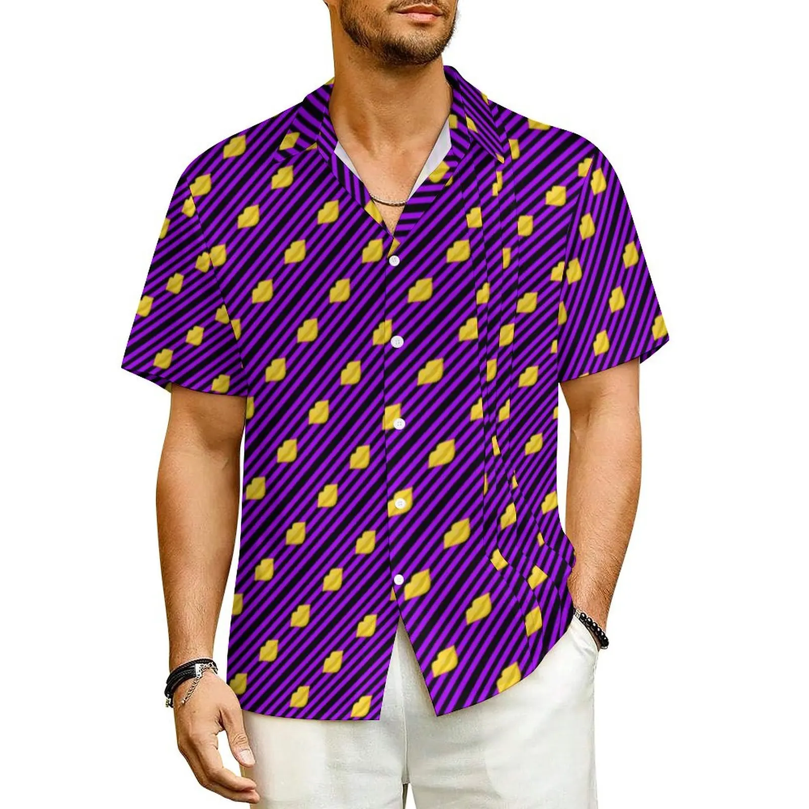 

Yellow Kiss Lips Beach Shirt Purple Black Stripes Summer Casual Shirts Men Novelty Blouses Short Sleeve Fashion Printed Clothing