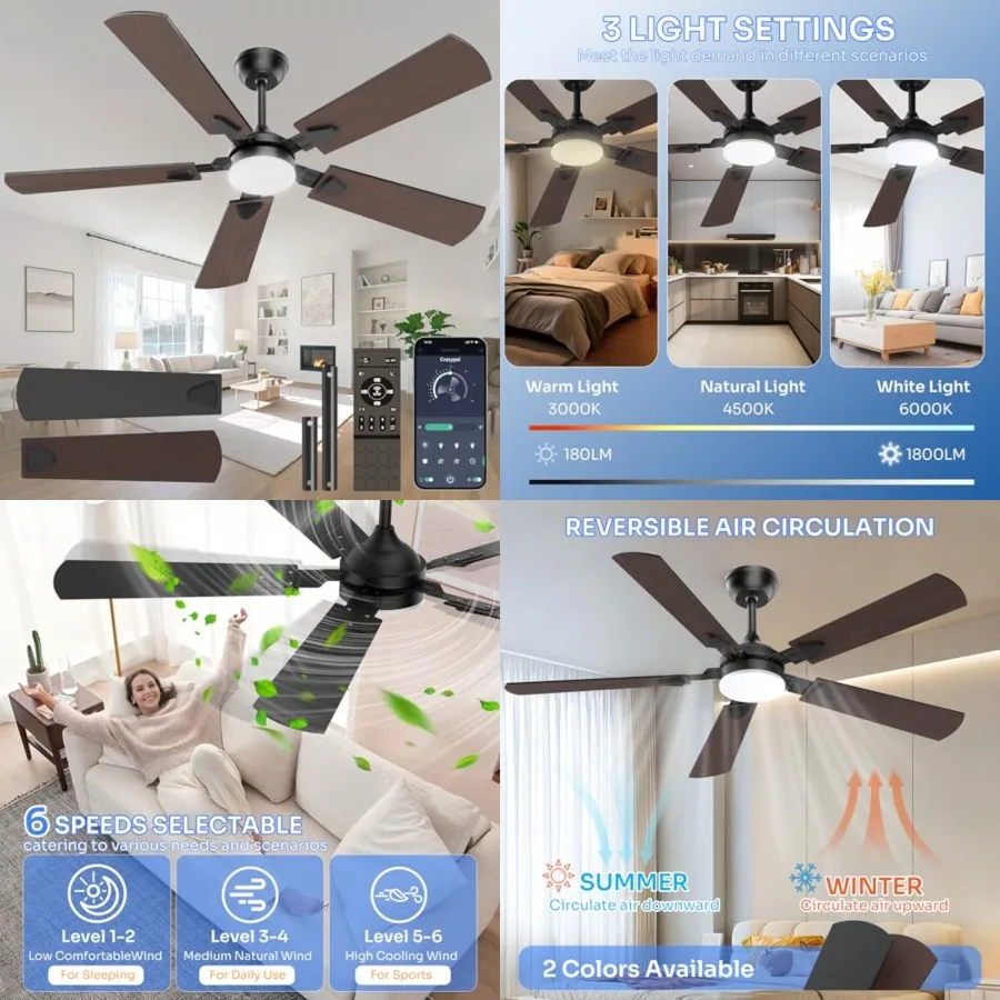 Ceiling Fans with Lights, 52 Inch Modern Ceiling Fans with Lights and Remote Control, DC Reversible Motor, Noiseless, 3CCT, Cei