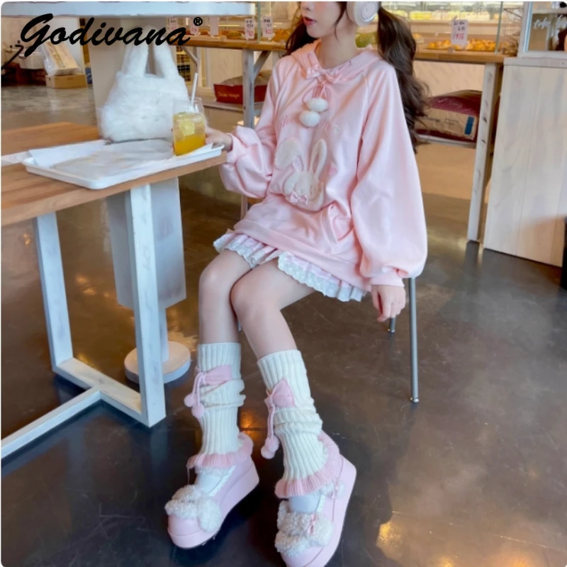 Original New Autumn and Winter Cute Girls Cartoon Rabbit Pink Fleece Sweatshirt Lolita Women's Hooded Loose Hoodie Tops