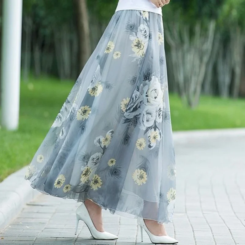 Summer Autumn New High Waist Skirts Womens Elastic Waist Full Long Skirt Print A-Line Mother Dance Skirts Swing Chiffon Skirt