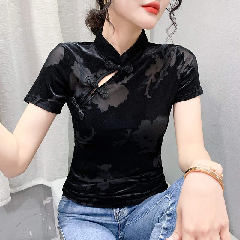 MadBlack Classic Summer European Clothes TShirts Woman Sexy Stand Collar Frog Print Slim Velour Tops Short Sleeve Tees T34319C