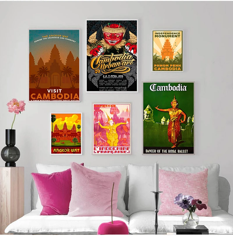 Southeast Asia Cambodia Angkor Wat Khmer Travel Canvas Paintings Vintage Wall Kraft Posters Coated Wall Stickers Home Decor Gift