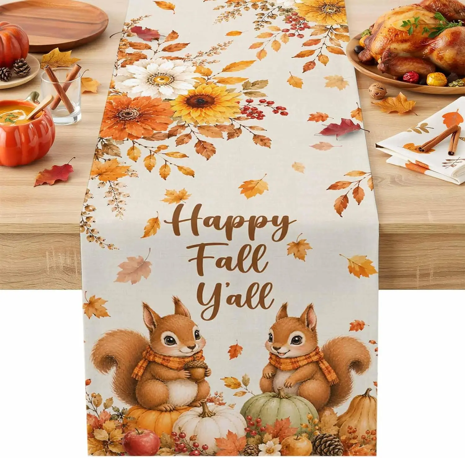 Fall Squirrel Pumpkins Linen Table Runner Home Decor Autumn Maple Leaves Flowers Kitchen Dining Table Runners Thanksgiving Decor
